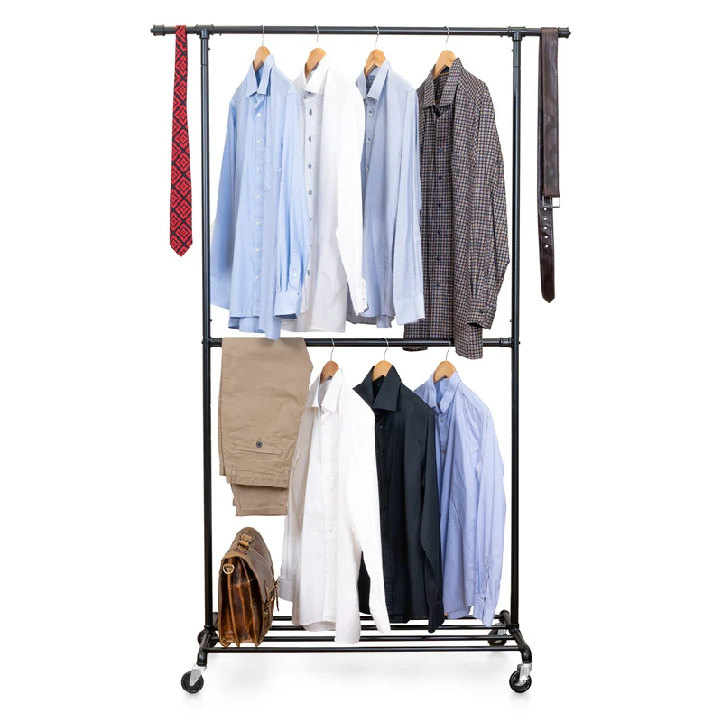 Tatkraft Drago – Stabiler Schwerlast-Kleiderständer auf Rollen, 2 Kleiderstangen, Ablage, bis 110 kg, 130 × 49 × 198 cm, pulverbeschichteter Stahl, Schwarz