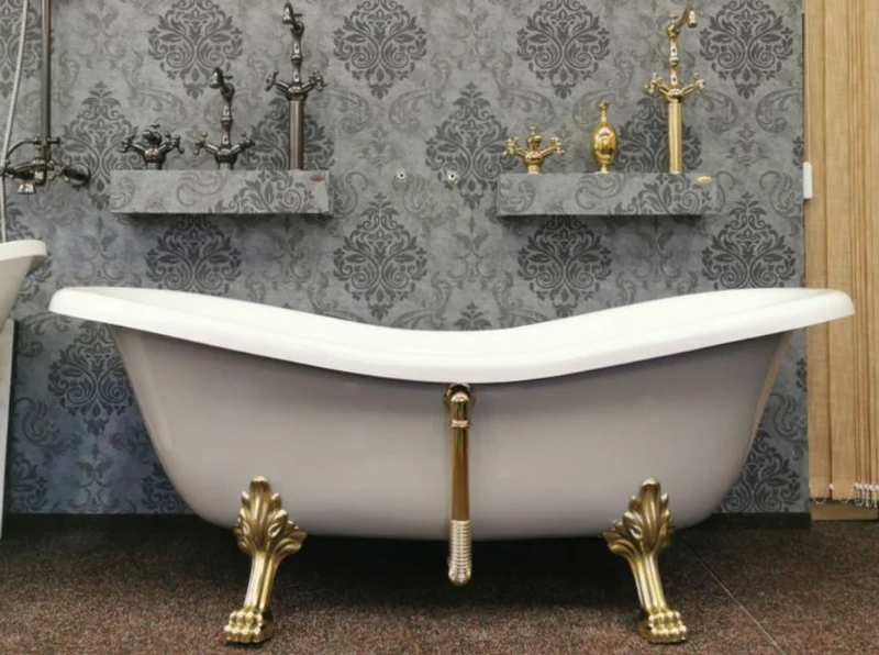 Casa Padrino Luxus Jugendstil Badewanne Weiß / Platingrau / Gold 188 x 83 x H. 69 cm - Freistehende Retro Badewanne mit Löwenfüßen - Retro Badezimmer Möbel
