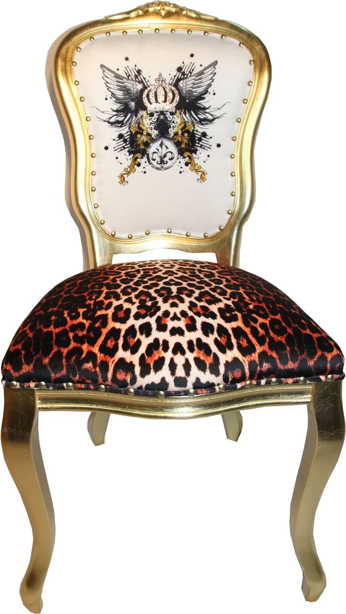 Casa Padrino Luxus Barock Esszimmer Stuhl Pompöös von Harald Glööckler Leopard / Weiß / Gold mit Glitzerkrone & Engelsflügeln - 50 x 60 x 104 cm