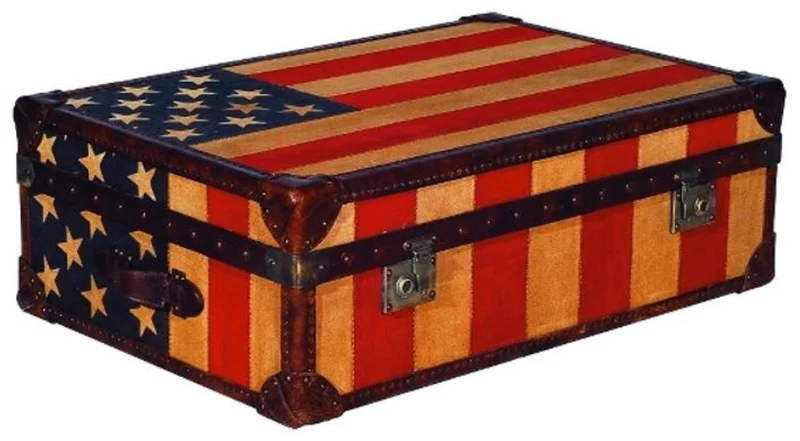 Casa Padrino Luxus Truhe Stars & Stripes, Couchtisch im Kofferdesign, Rindsleder und Metall, 90 x 60 x H. 30 cm