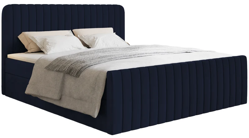 Kontinentales Bett 200x200 cm Saliano mit Stauraum und Topper, Samt in Marineblau