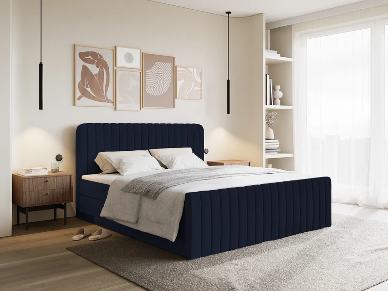 Kontinentales Bett 200x200 cm Saliano mit Stauraum und Topper, Samt in Marineblau