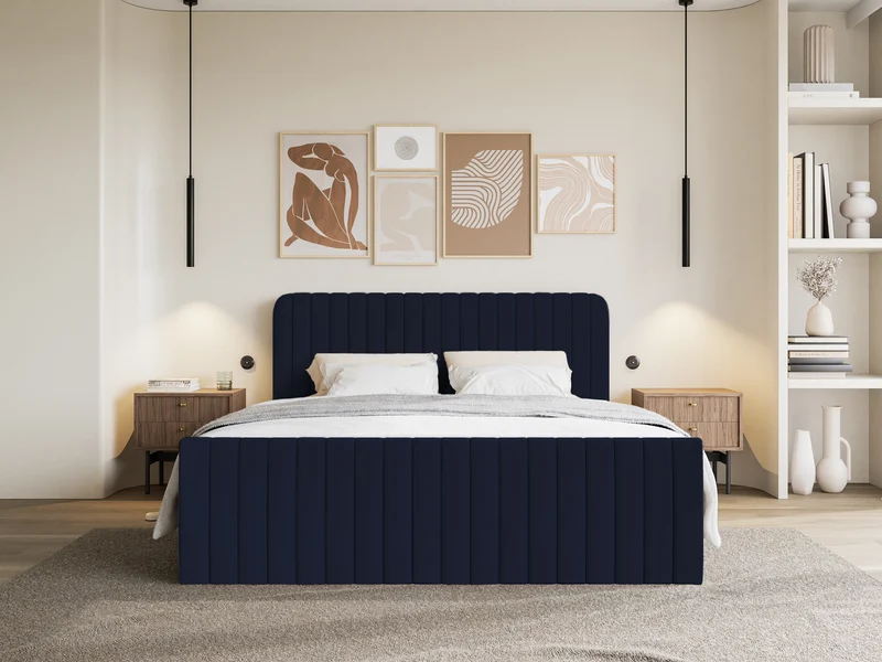 Kontinentales Bett 200x200 cm Saliano mit Stauraum und Topper, Samt in Marineblau