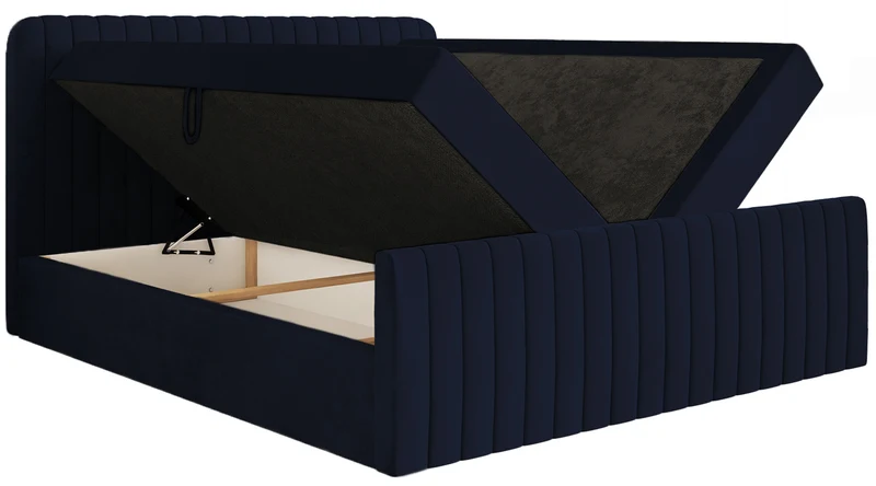 Kontinentales Bett 200x200 cm Saliano mit Stauraum und Topper, Samt in Marineblau