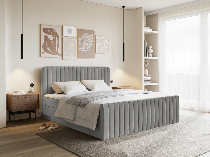 Kontinentales Bett 200x200 cm Saliano mit Stauraum und Topper, grauer Samt