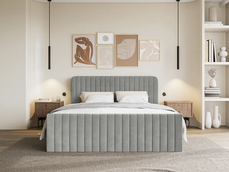 Kontinentales Bett 200x200 cm Saliano mit Stauraum und Topper, grauer Samt