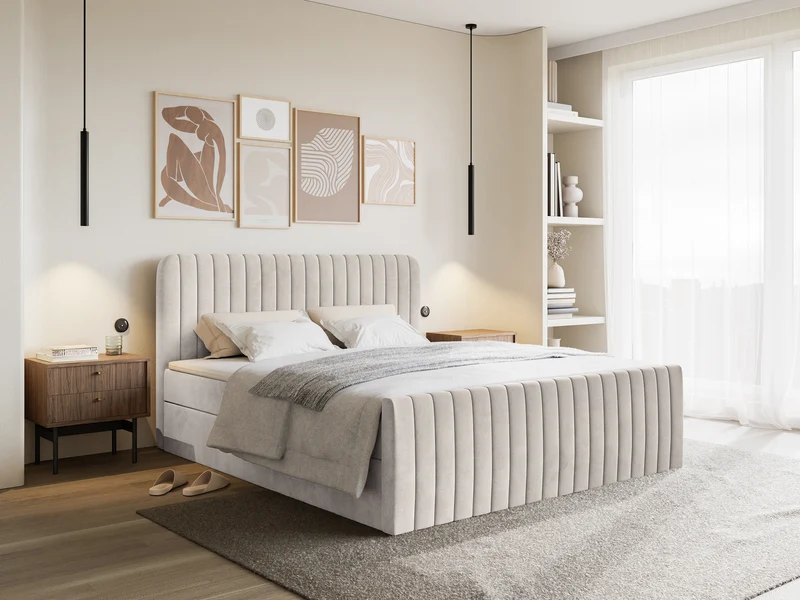 Kontinentales Bett 200x200 cm Saliano mit Stauraum und Topper, beige Samt