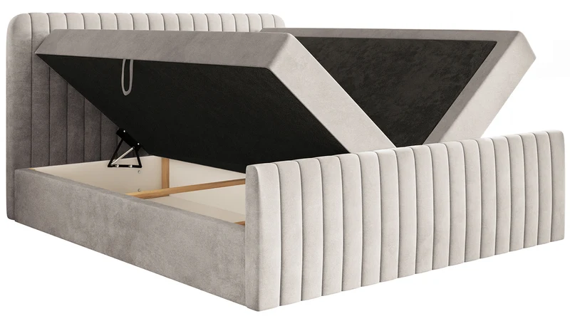 Kontinentales Bett 200x200 cm Saliano mit Stauraum und Topper, beige Samt