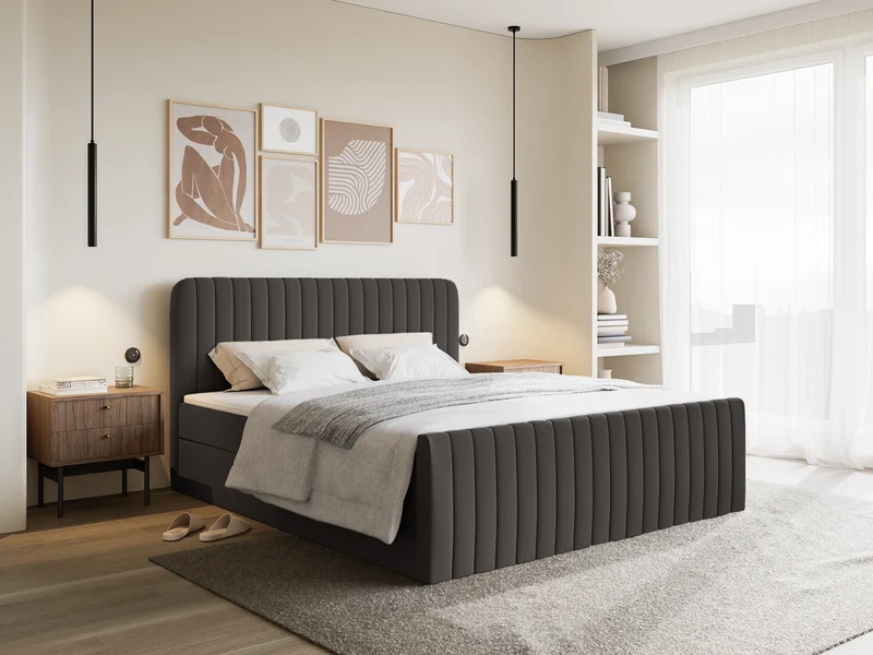 Kontinentalbett 140x200 cm Saliano mit Stauraum und Topper, grafitfarben, hydrophobes Chenille