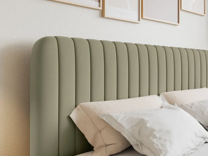 Kontinentales Bett 140x200 cm Saliano mit Stauraum und Topper, olivgrüner hydrophober Chenillestoff