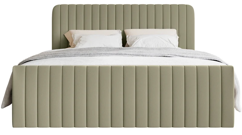 Kontinentales Bett 140x200 cm Saliano mit Stauraum und Topper, olivgrüner hydrophober Chenillestoff