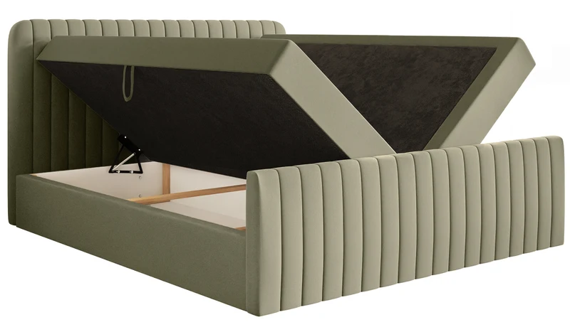 Kontinentales Bett 140x200 cm Saliano mit Stauraum und Topper, olivgrüner hydrophober Chenillestoff