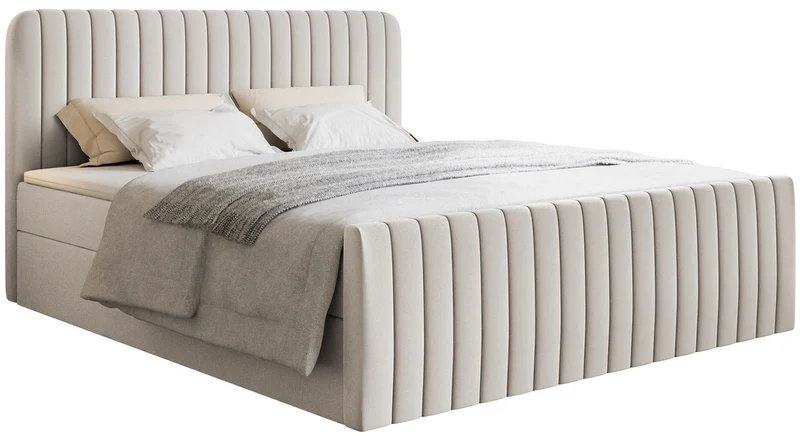 Kontinentales Bett 160x200 cm Saliano mit Stauraum und Topper, hellbeiger hydrophober Chenille-Bezug