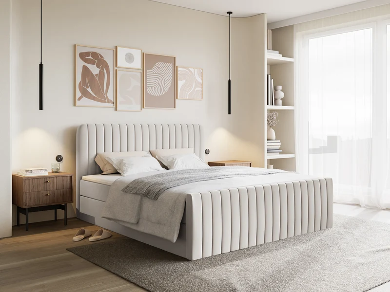 Kontinentales Bett 160x200 cm Saliano mit Stauraum und Topper, hellbeiger hydrophober Chenille-Bezug