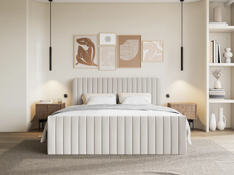 Kontinentales Bett 160x200 cm Saliano mit Stauraum und Topper, hellbeiger hydrophober Chenille-Bezug