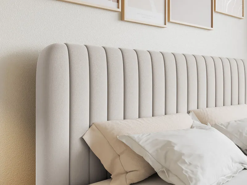 Kontinentales Bett 160x200 cm Saliano mit Stauraum und Topper, hellbeiger hydrophober Chenille-Bezug
