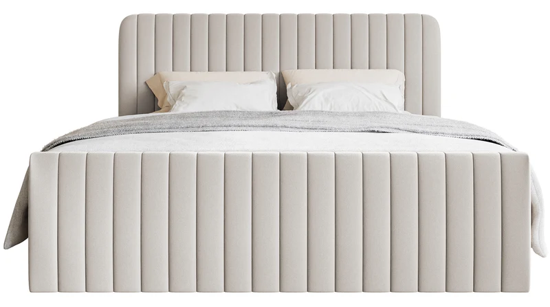 Kontinentales Bett 160x200 cm Saliano mit Stauraum und Topper, hellbeiger hydrophober Chenille-Bezug