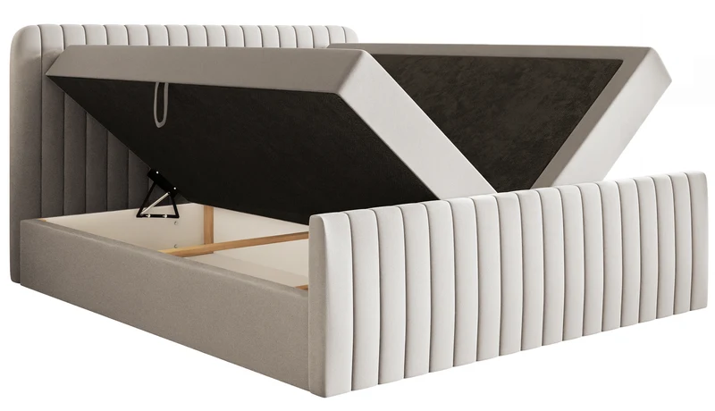 Kontinentales Bett 160x200 cm Saliano mit Stauraum und Topper, hellbeiger hydrophober Chenille-Bezug