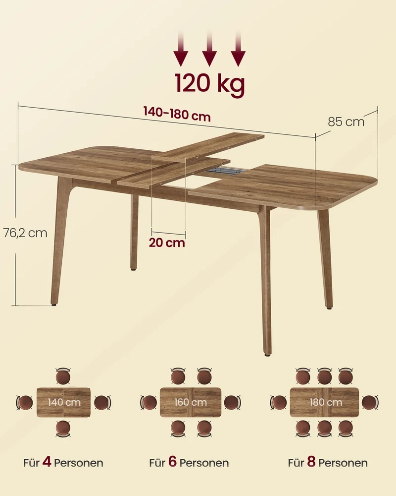 Esstisch Ausziehbar - Verlängerbare Tischplatte Bis 180 cm - Für Esszimmer Und Küche