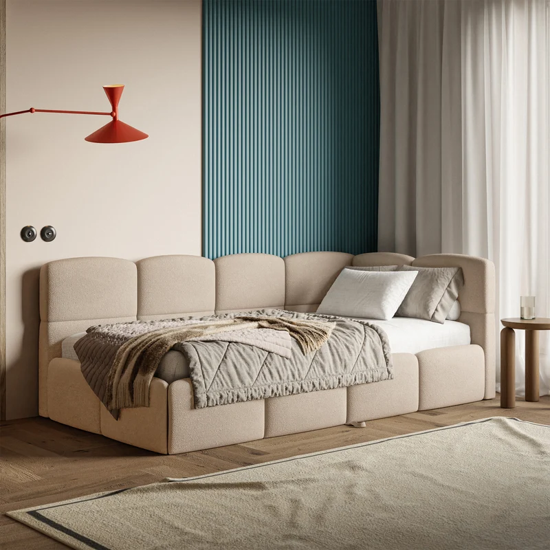 Jugendbett 90x200 cm Cloudy, rechts ausziehbar, mit Matratzen, beige Chenille