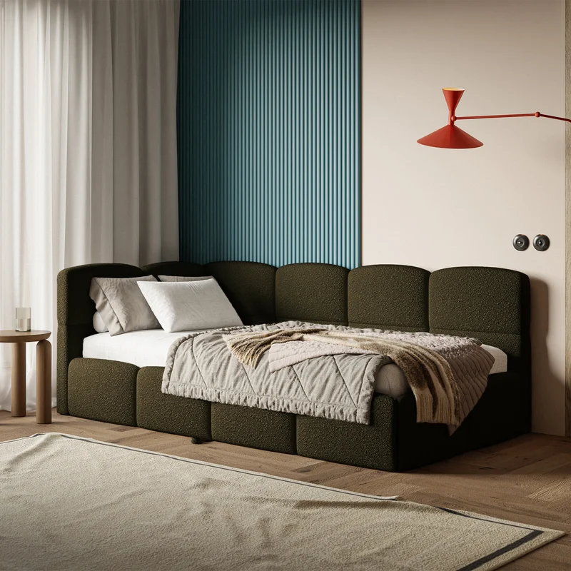 Jugendbett 90x200 cm Cloudy, linksseitig ausziehbar, mit Matratzen, olivgrüner Bouclé-Bezug