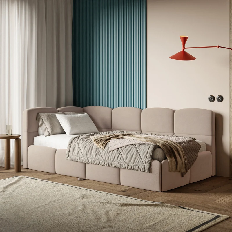 Jugendbett 90x200 cm Cloudy, links ausziehbar, mit Matratzen, beige Velours, wasserabweisend und pflegeleicht