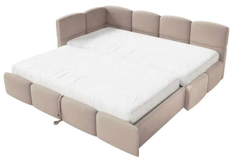 Jugendbett 90x200 cm Cloudy, links ausziehbar, mit Matratzen, beige Velours, wasserabweisend und pflegeleicht