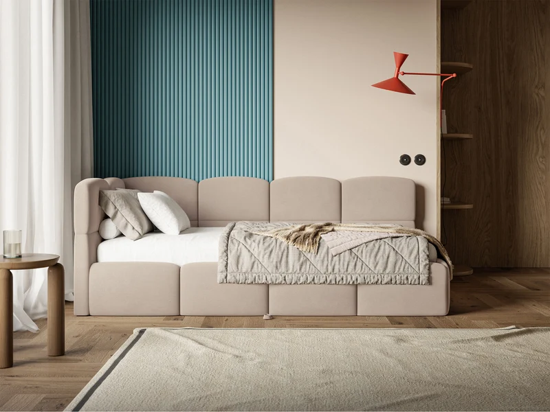 Jugendbett 90x200 cm Cloudy, links ausziehbar, mit Matratzen, beige Velours, wasserabweisend und pflegeleicht
