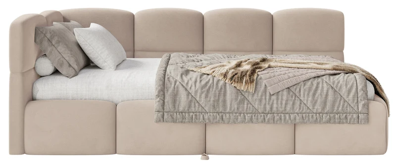 Jugendbett 90x200 cm Cloudy, links ausziehbar, mit Matratzen, beige Velours, wasserabweisend und pflegeleicht