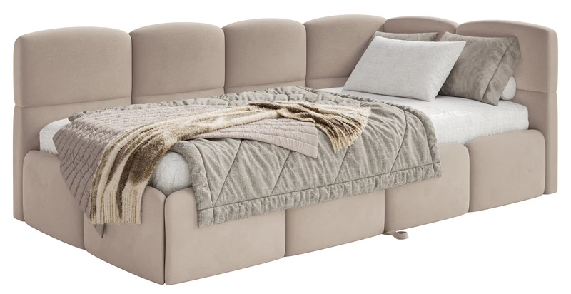 Jugendbett 90x200 cm Cloudy, rechtsseitig ausziehbar, mit Matratzen, beige Velours, wasserabweisend und pflegeleicht