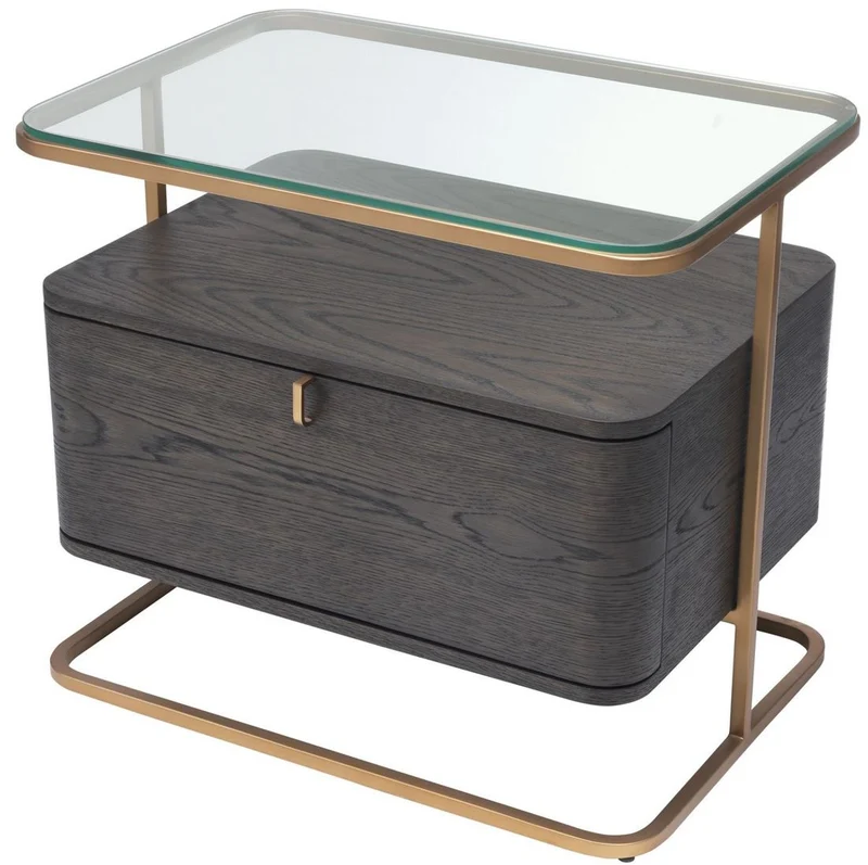 Casa Padrino Luxus Beistelltisch Mokka / Messing 65 x 46 x H. 57 cm - Edler Nachttisch mit Glasplatte und Schublade - Luxus Möbel
