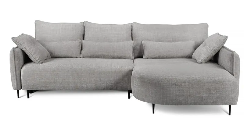 Ecksofa Oblivio mit Schlaffunktion, L-förmig, mit Stauraum, grauer Chenille-Stoff, rechtsseitig