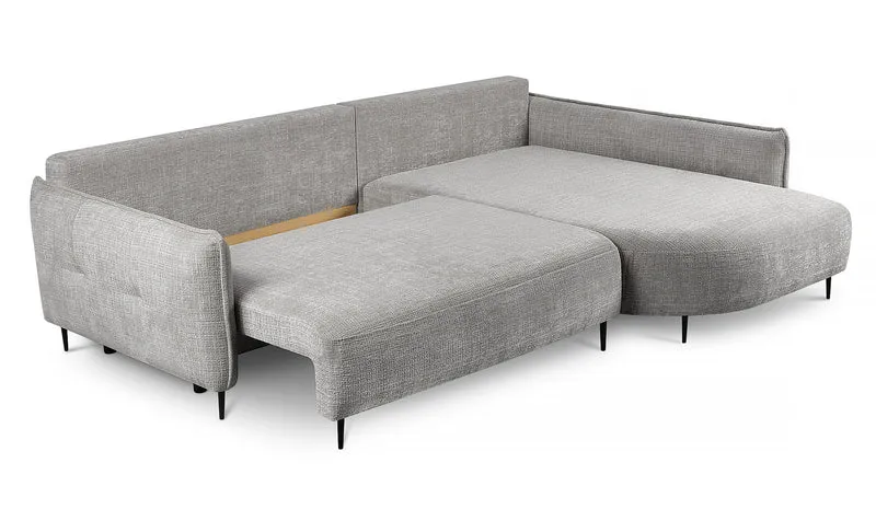 Ecksofa Oblivio mit Schlaffunktion, L-förmig, mit Stauraum, grauer Chenille-Stoff, rechtsseitig