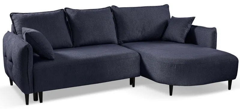 Ecksofa mit Schlaffunktion Oblivio Mini, L-förmig, rechtsseitig, mit Stauraum, marineblaues Geflecht