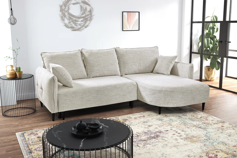 Ecksofa mit Schlaffunktion Oblivio Mini, L-förmig, rechtsseitig, mit Stauraum, beige Flechtmuster