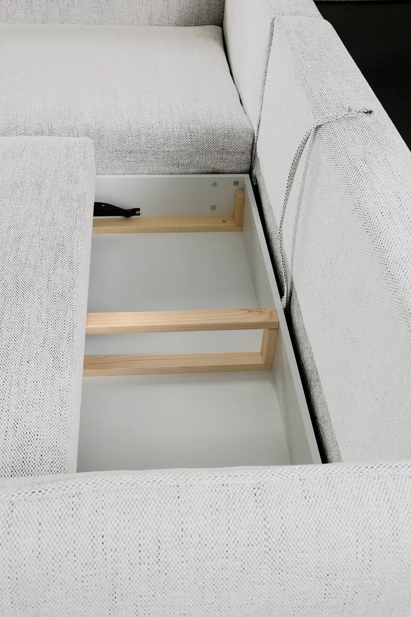 Ecksofa mit Schlafunktion Oblivio mini, L-förmig, linksseitig, mit Stauraum, weißes Geflecht