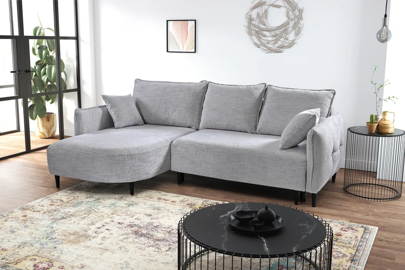 Ecksofa mit Schlaffunktion Oblivio mini, L-förmig, linksseitig, mit Stauraum, hellgraues Geflecht