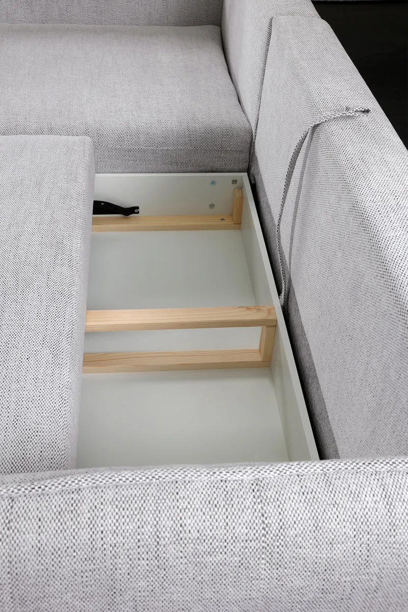Ecksofa mit Schlaffunktion Oblivio mini, L-förmig, linksseitig, mit Stauraum, hellgraues Geflecht