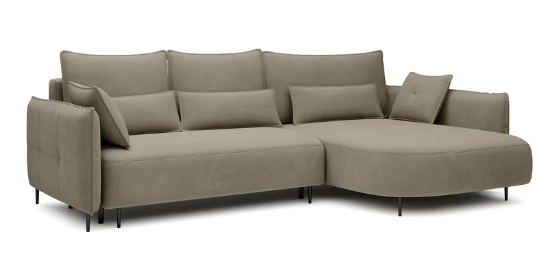 Ecksofa Oblivio mit Schlaffunktion, L-förmig, mit Stauraum, hellbraunes Samt, rechtsseitig, wasserabweisend