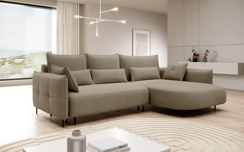 Ecksofa Oblivio mit Schlaffunktion, L-förmig, mit Stauraum, hellbraunes Samt, rechtsseitig, wasserabweisend
