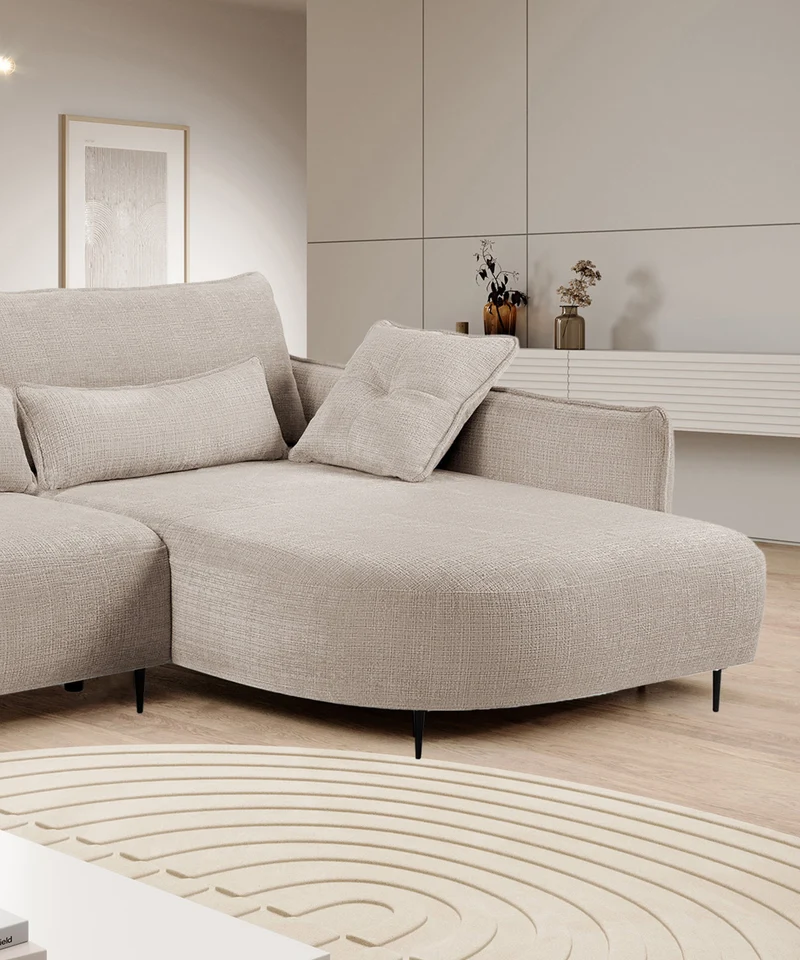 Ecksofa Oblivio mit Schlaffunktion, L-förmig, mit Stauraum, hellbeiger Chenille, rechtsseitig