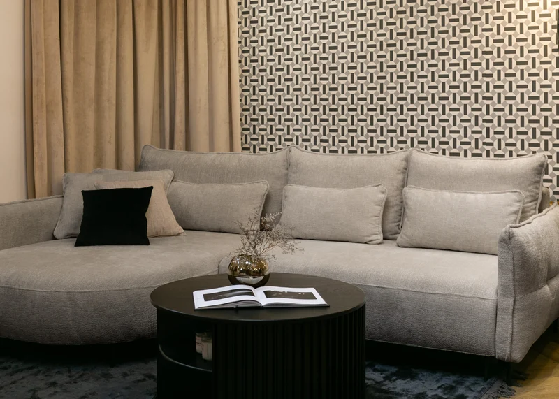 Ecksofa Oblivio mit Schlaffunktion, L-förmig, mit Stauraum, hellbeiger Chenille, rechtsseitig