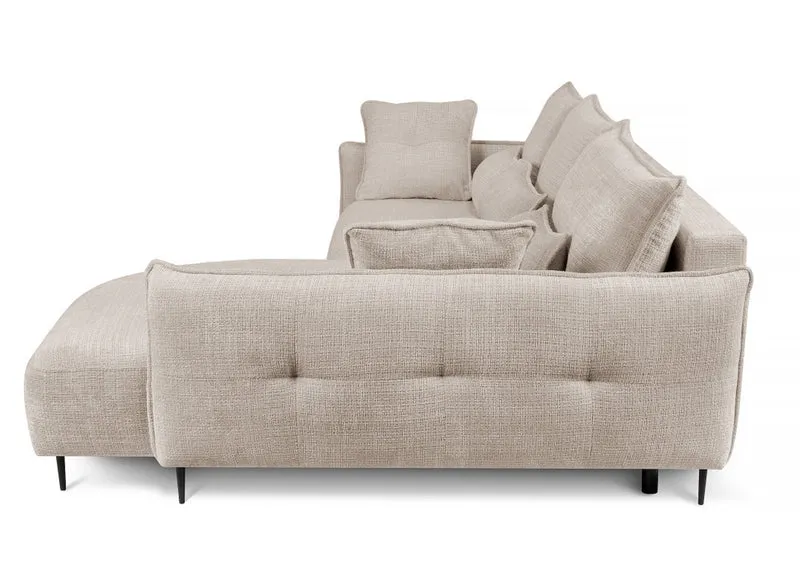 Ecksofa Oblivio mit Schlaffunktion, L-förmig, mit Stauraum, hellbeiger Chenille, rechtsseitig