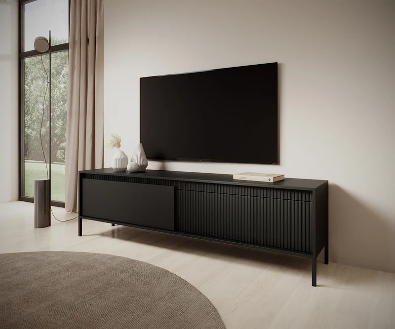 Falsetto TV-Schrank mit zwei Türen und geriffelter Front, 187 cm, schwarz