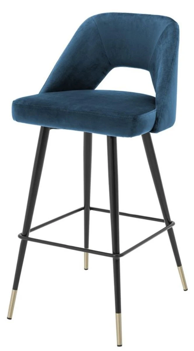 Casa Padrino Luxus Barstuhl Blau / Schwarz 50 x 50 x H. 100 cm - Barhocker mit Rückenlehne und Messing Akzenten