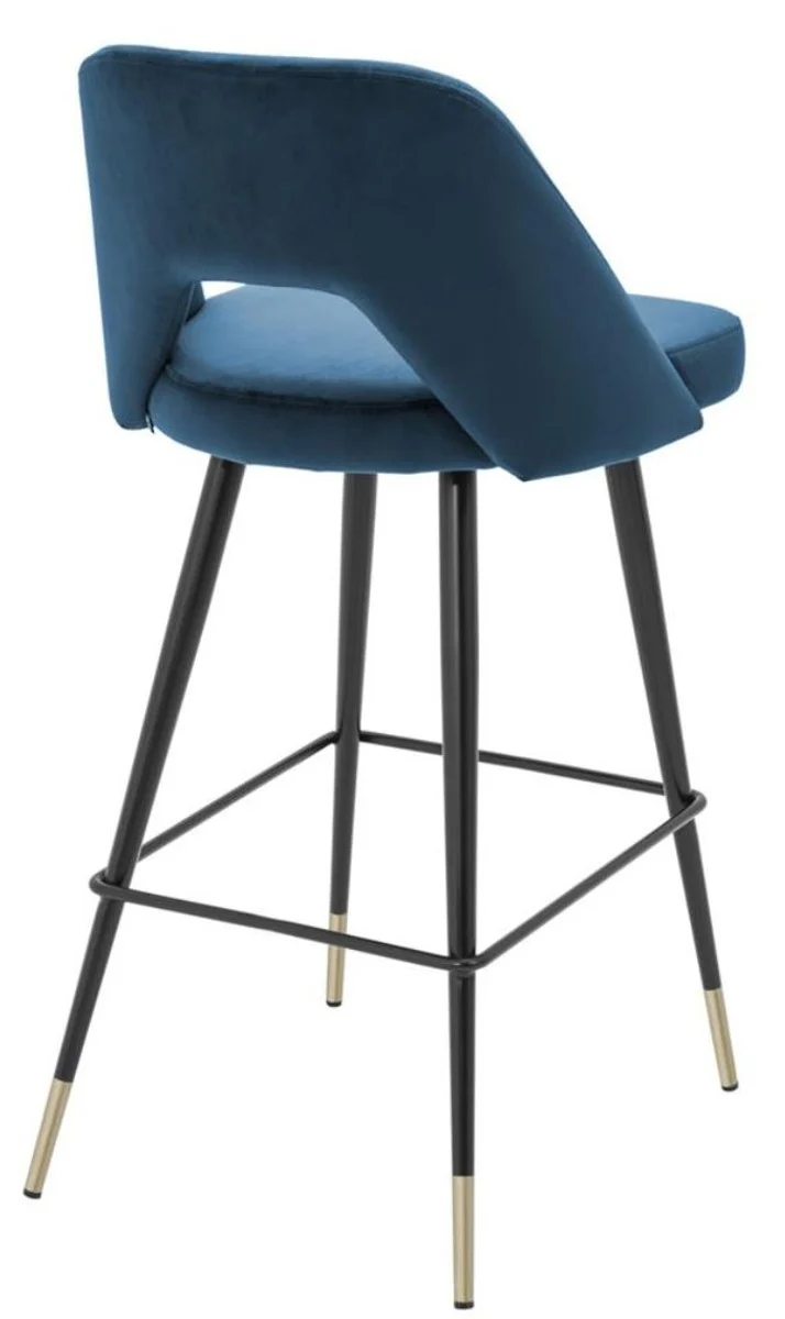 Casa Padrino Luxus Barstuhl Blau / Schwarz 50 x 50 x H. 100 cm - Barhocker mit Rückenlehne und Messing Akzenten
