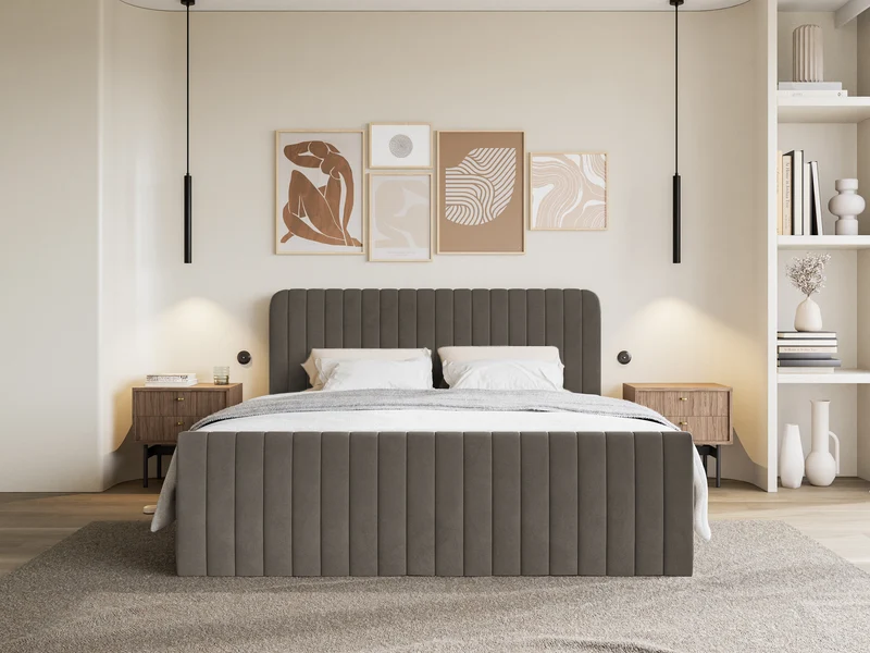 Kontinentales Bett 200x200 cm Saliano mit Stauraum und Topper, brauner Samt