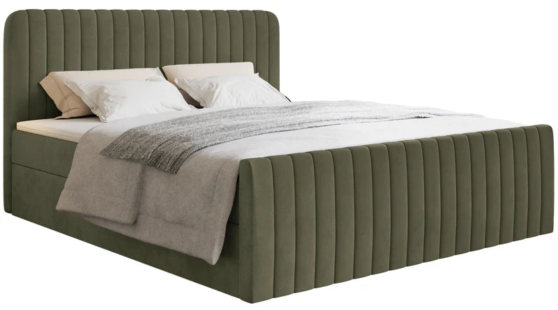 Kontinentales Bett 180x200 cm Saliano mit Stauraum und Topper, olivgrüner Samt