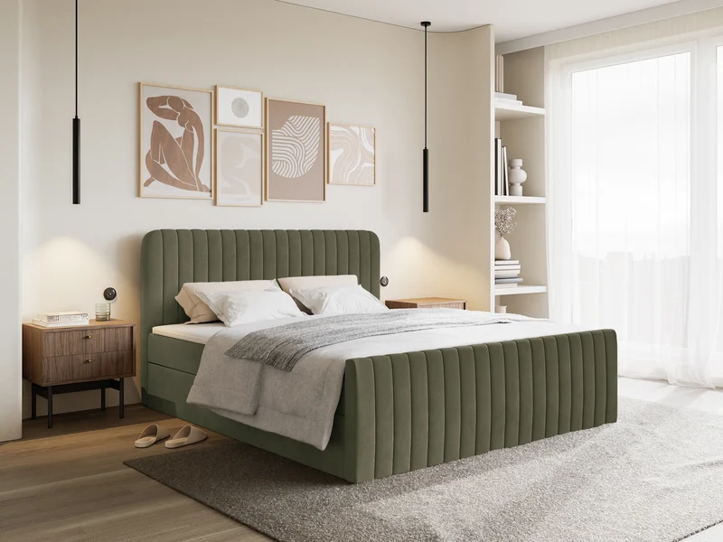 Kontinentales Bett 180x200 cm Saliano mit Stauraum und Topper, olivgrüner Samt