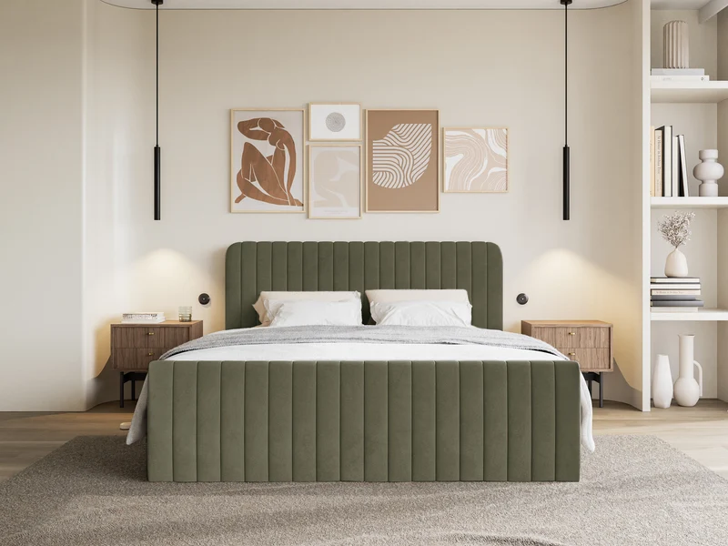 Kontinentales Bett 180x200 cm Saliano mit Stauraum und Topper, olivgrüner Samt